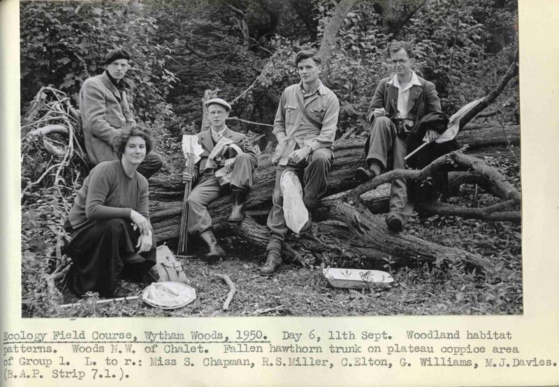 A group of ecologists, Elton and his pupils, in the Woods in 1950 (by per of OUMNH).