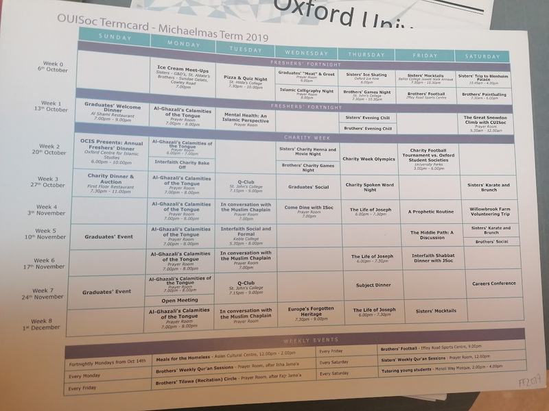 Timetable of events planned for the term.