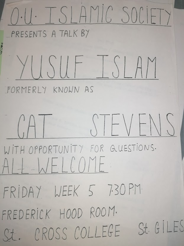 Advert for Cat Stevens lecture